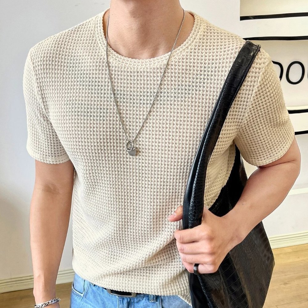 Beige Preppy Mens Solid Waffle Knit Tee - Picture 3 of 5